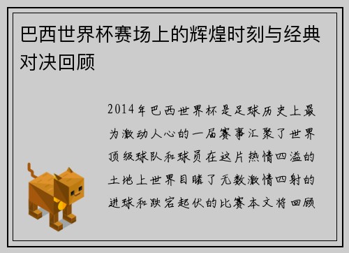 巴西世界杯赛场上的辉煌时刻与经典对决回顾
